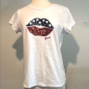 Guess White T-Shirt with Sequin Lips Design